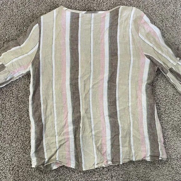 Ellen Tracy 100% Linen Tunic Large Striped Tan Pink White Tassel Lagenlook - Picture 2 of 8